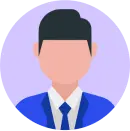 Profile icon of a stylized male figure with black hair and a blue suit, set against a purple circular background.